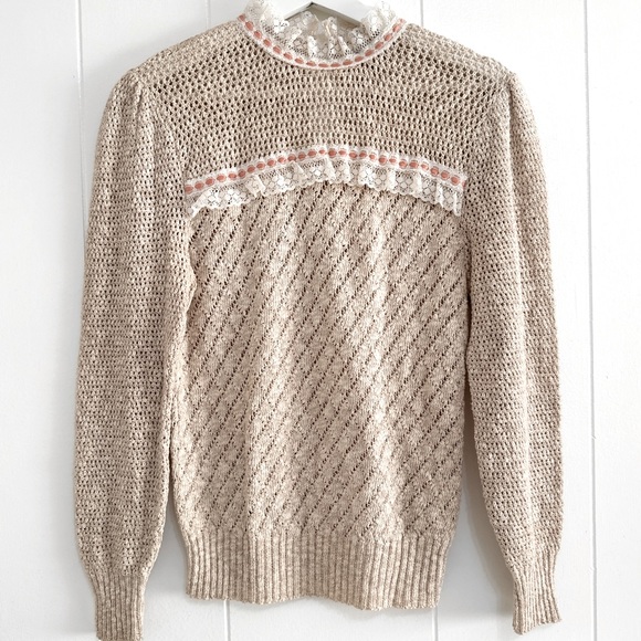 Vintage 70s Cotton Crochet Sweater 10 Lace Ribbon - Picture 1 of 7